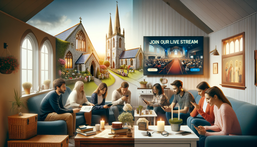 Individuals engaging in church live streaming from their homes, juxtaposed with scenes of both a quaint chapel and a grand cathedral advertising their churches online, depicting the widespread embrace of online church services across various communities.