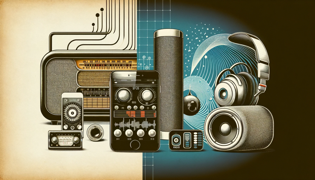 Evolution of radio from traditional AM/FM equipment to modern digital devices, symbolizing the Radio Revolution.